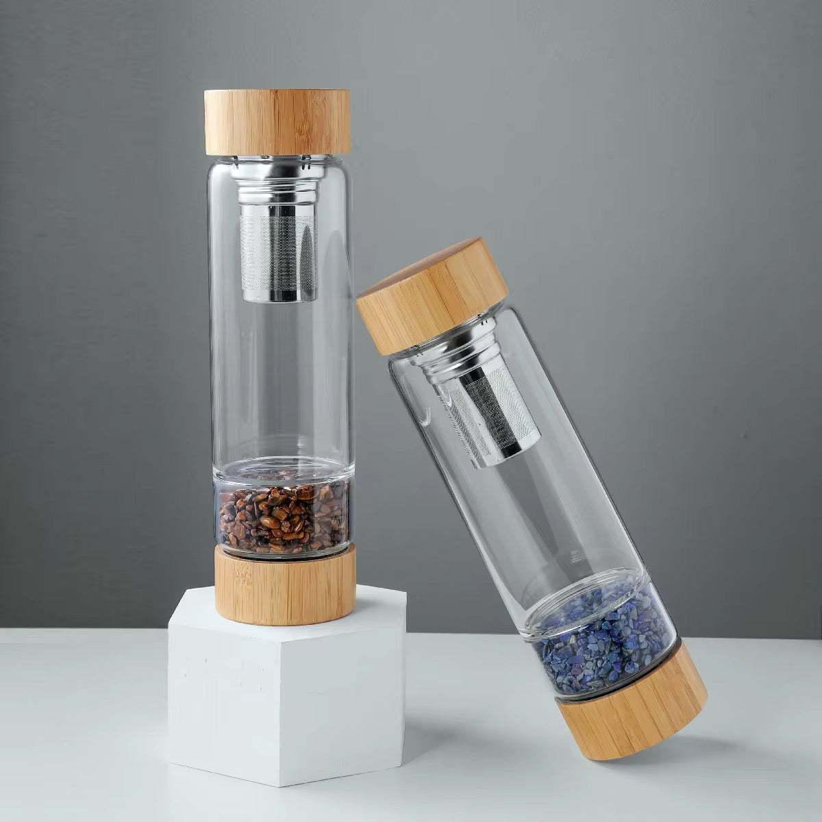 Bamboo Lid Crystal Water Bottle Infused with Healing Quartz Gemstones and Tea Infuser"