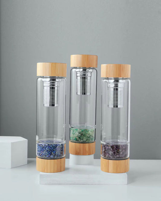 Bamboo Lid Crystal Water Bottle Infused with Healing Quartz Gemstones and Tea Infuser"