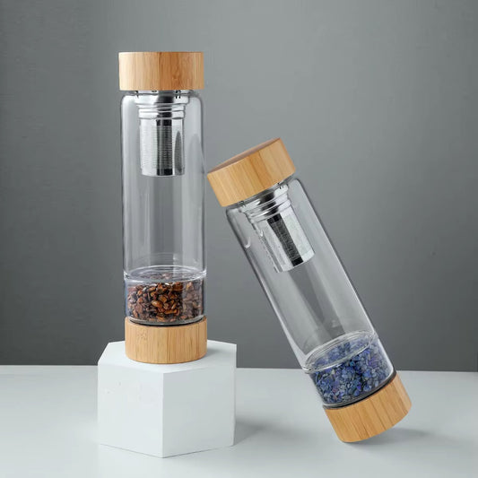 Bamboo Lid Crystal Water Bottle Infused with Healing Quartz Gemstones and Tea Infuser"