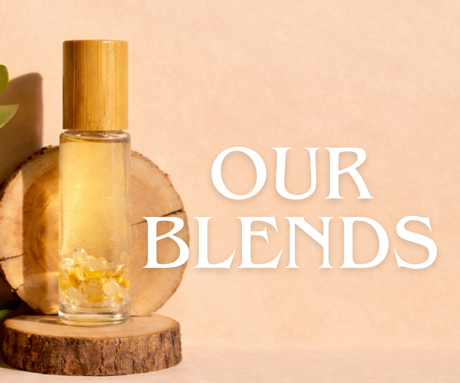 Glass bottle with wooden cap on a wooden block against a beige background with 'OUR BLEND' text.